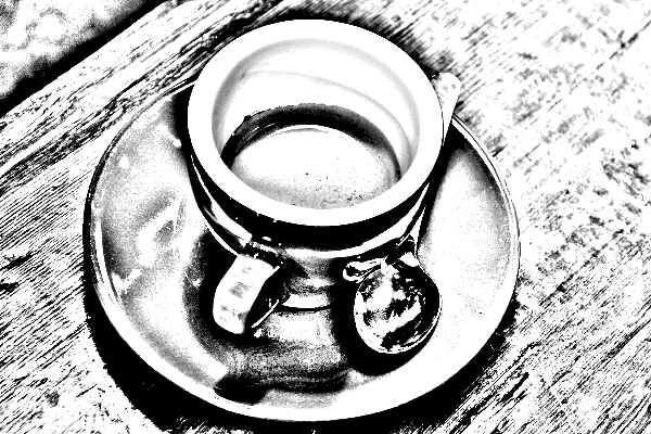 Converted coffee photo with cup outlines, shaded areas, and visible wood grain